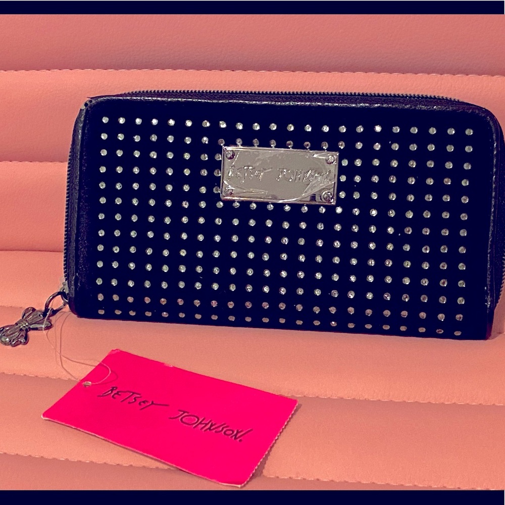 Betsey Johnson Black Velvet Crystal Palace Zip Around Wallet